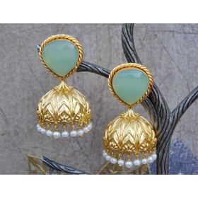 Pastel Green Inverted Drop Chalcedony Semi-precious 18K Gold Plated Jhumka Earrings 